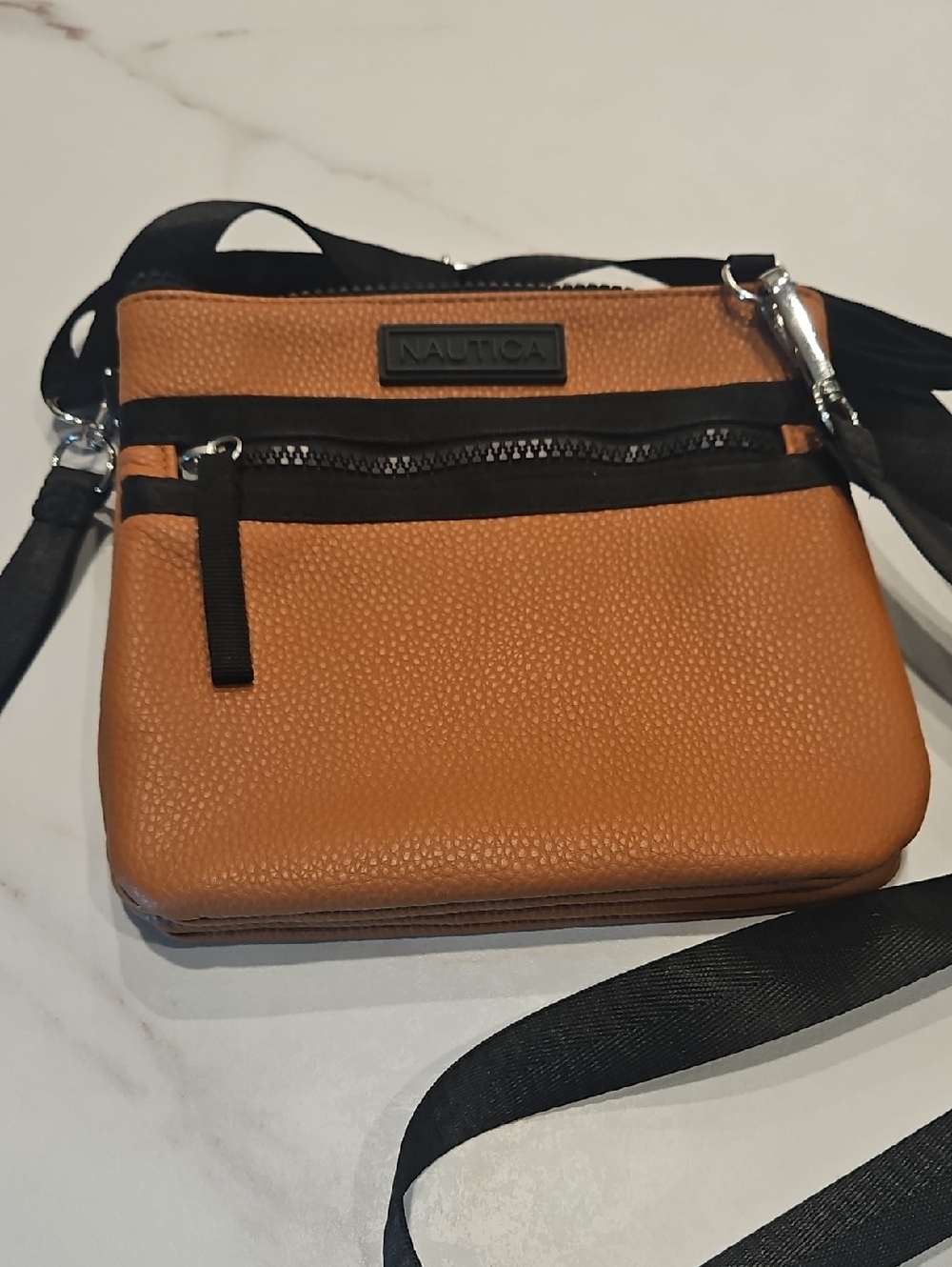 Nautica Pebbled Tan Crossbody Messenger with Black Trim